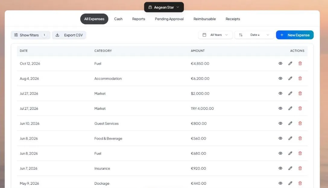HelmOps All Expenses list showing fuel, market, insurance and dockage costs in EUR, USD and TRY.