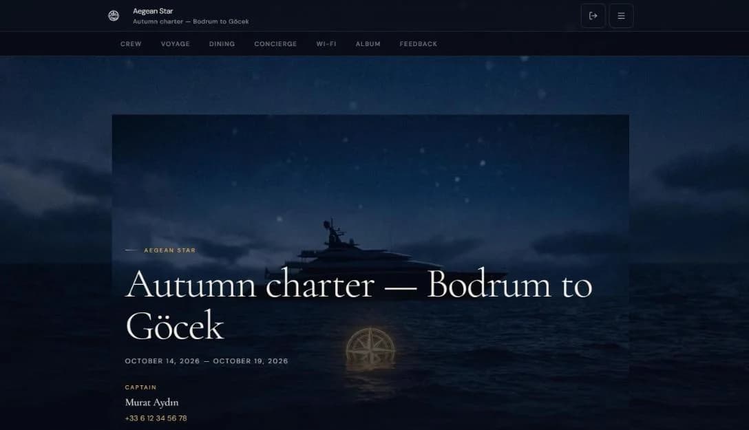 HelmOps guest portal for a charter, with crew, voyage, dining, concierge, Wi-Fi, album and feedback sections.