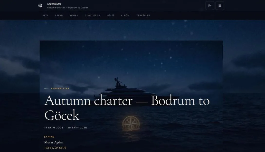 Bir charter için HelmOps misafir portalı: mürettebat, sefer, yemek, concierge, Wi-Fi, albüm ve geri bildirim bölümleri.