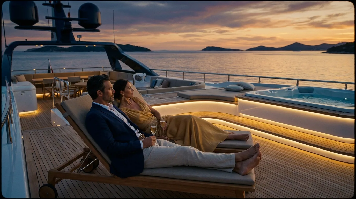 Owners relaxing on a superyacht deck at golden hour